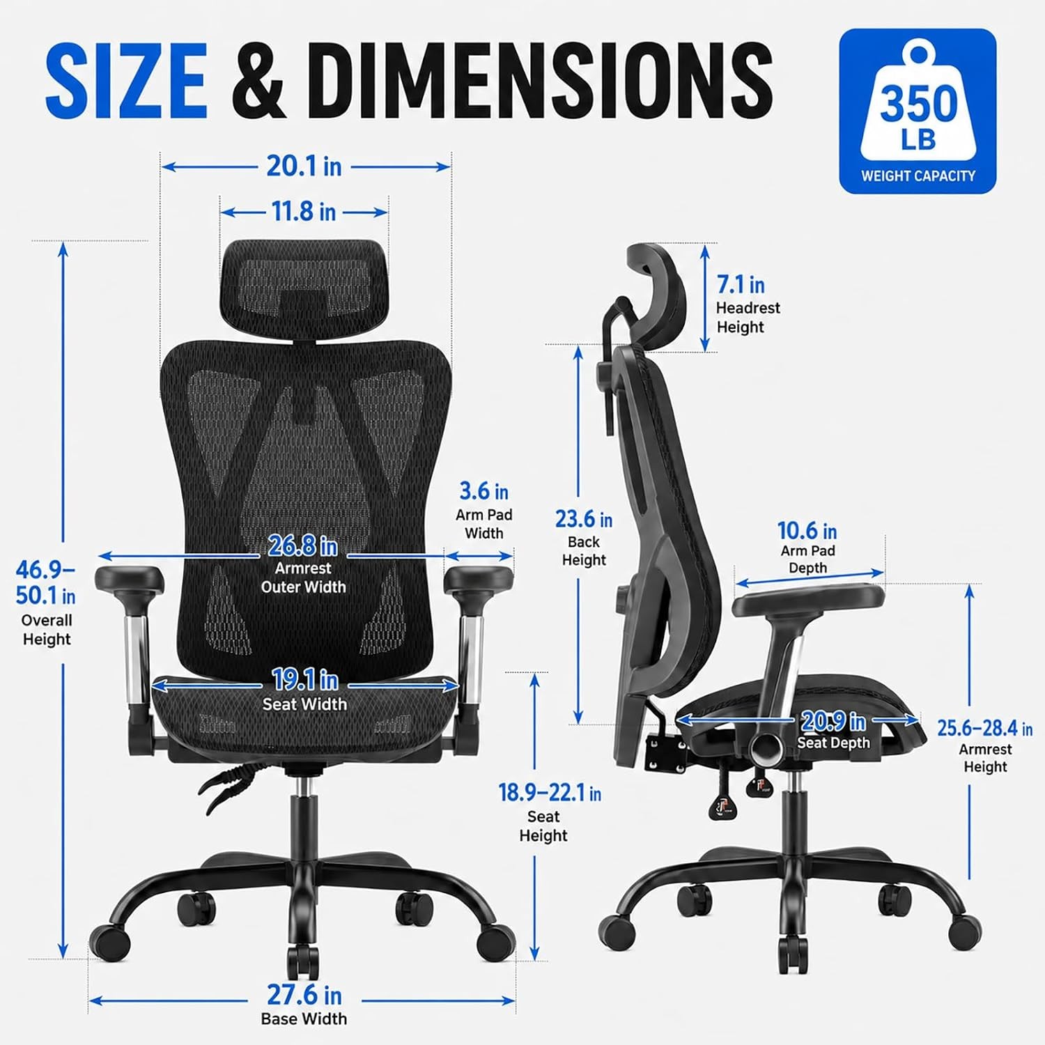 Ergonomic Office Chair, Full Mesh Desk Chair with 5D Armrests, Adjustable Lumbar