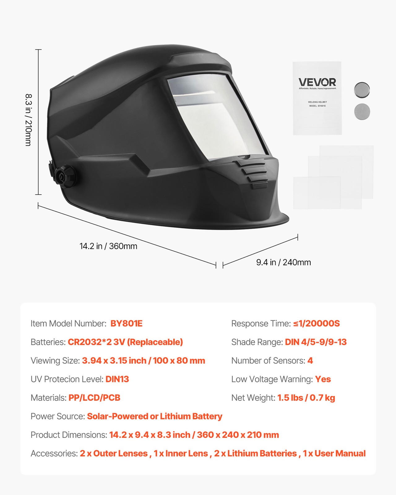 VEVOR Welding Helmet Auto Darkening 3.94″ x 3.15″ True Color Shade 4/5-9/9-13