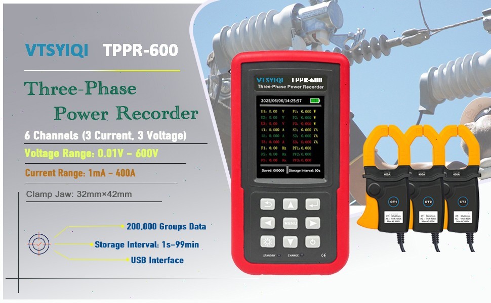 3-Phase Power Recorder with Voltage Range 0.01V~ 600V Current Range 1mA~ 400A