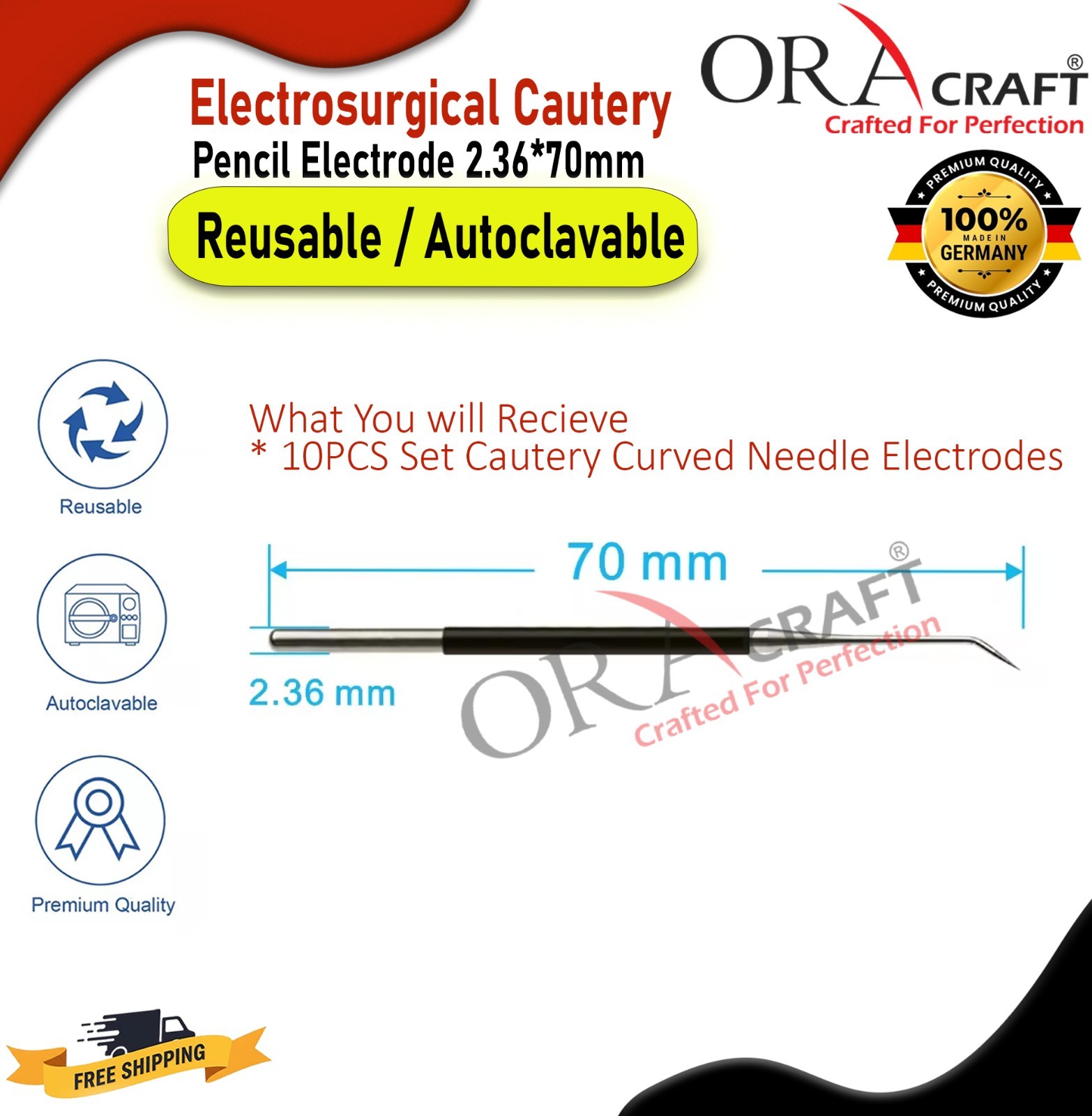 10Pcs ESU Diathermy Electrosurgical Cautery Curved Needle Electrode 2.36x70mm CE