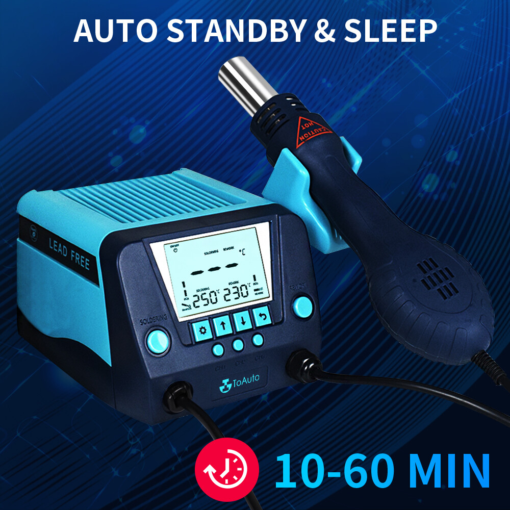 TOAUTO Soldering Station 2 in 1 Iron Hot Air Gun Rework Station Kit LCD Display