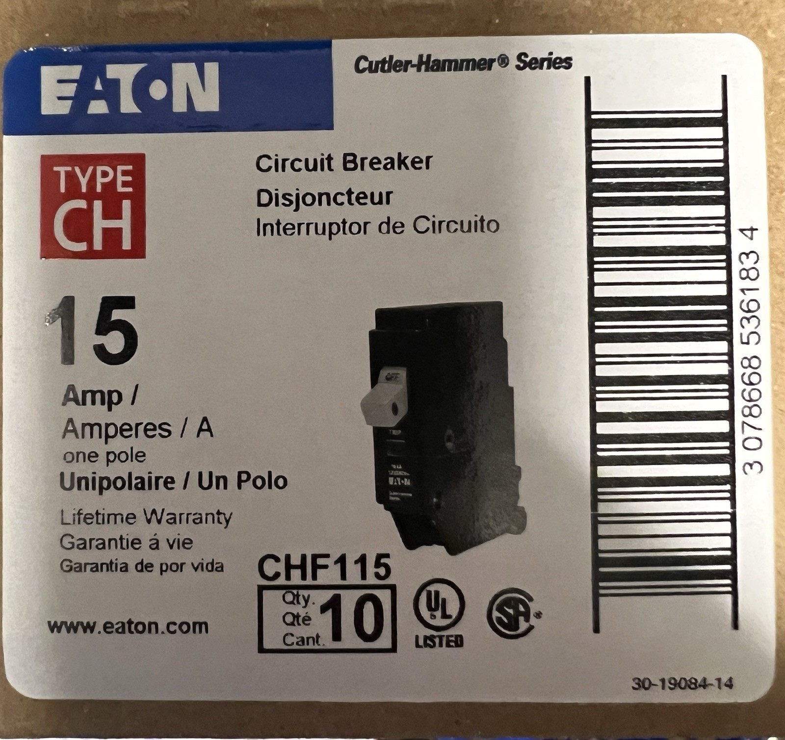 Box Of 10 Eaton Cutler Hammer CHF115 15 Amp 1 Pole Circuit Breakers