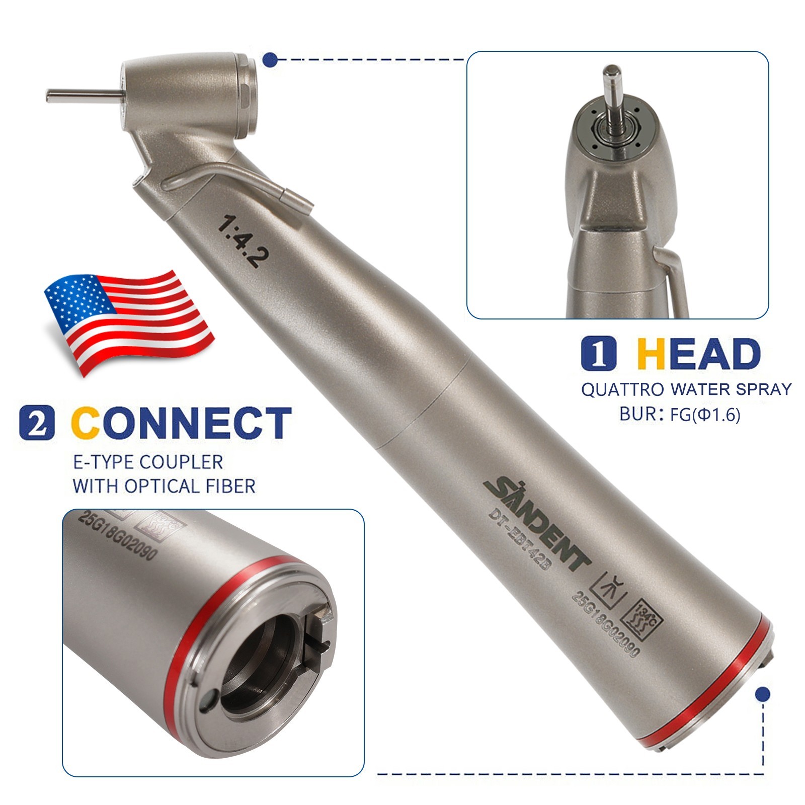SANDENT Handpiece LED 1:4.2 Contra Angle 45° Surgical External Spray