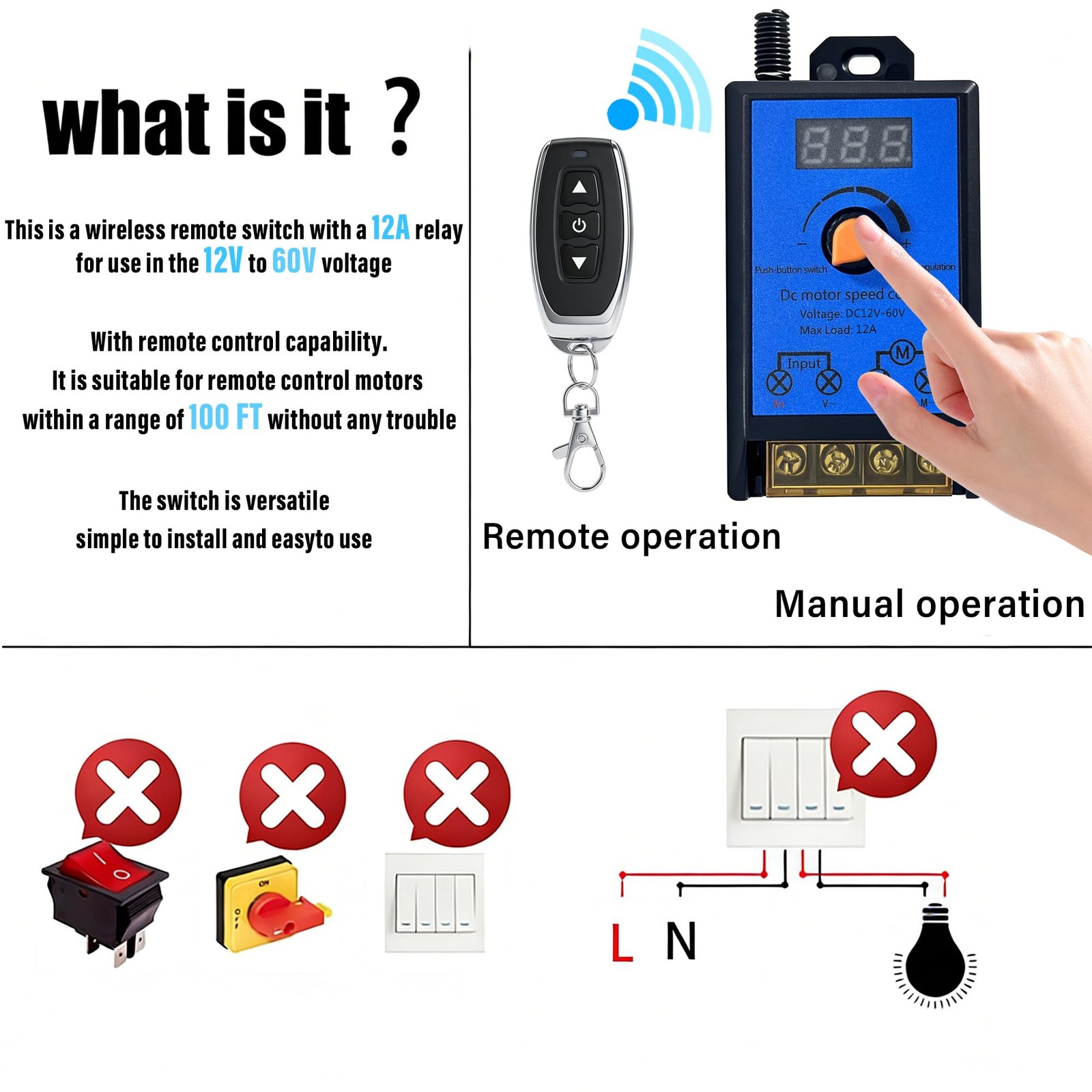 DC 12V60V 12A Motor Speed Controller with 2 Wireless Remotes,PWM Variable Spe…