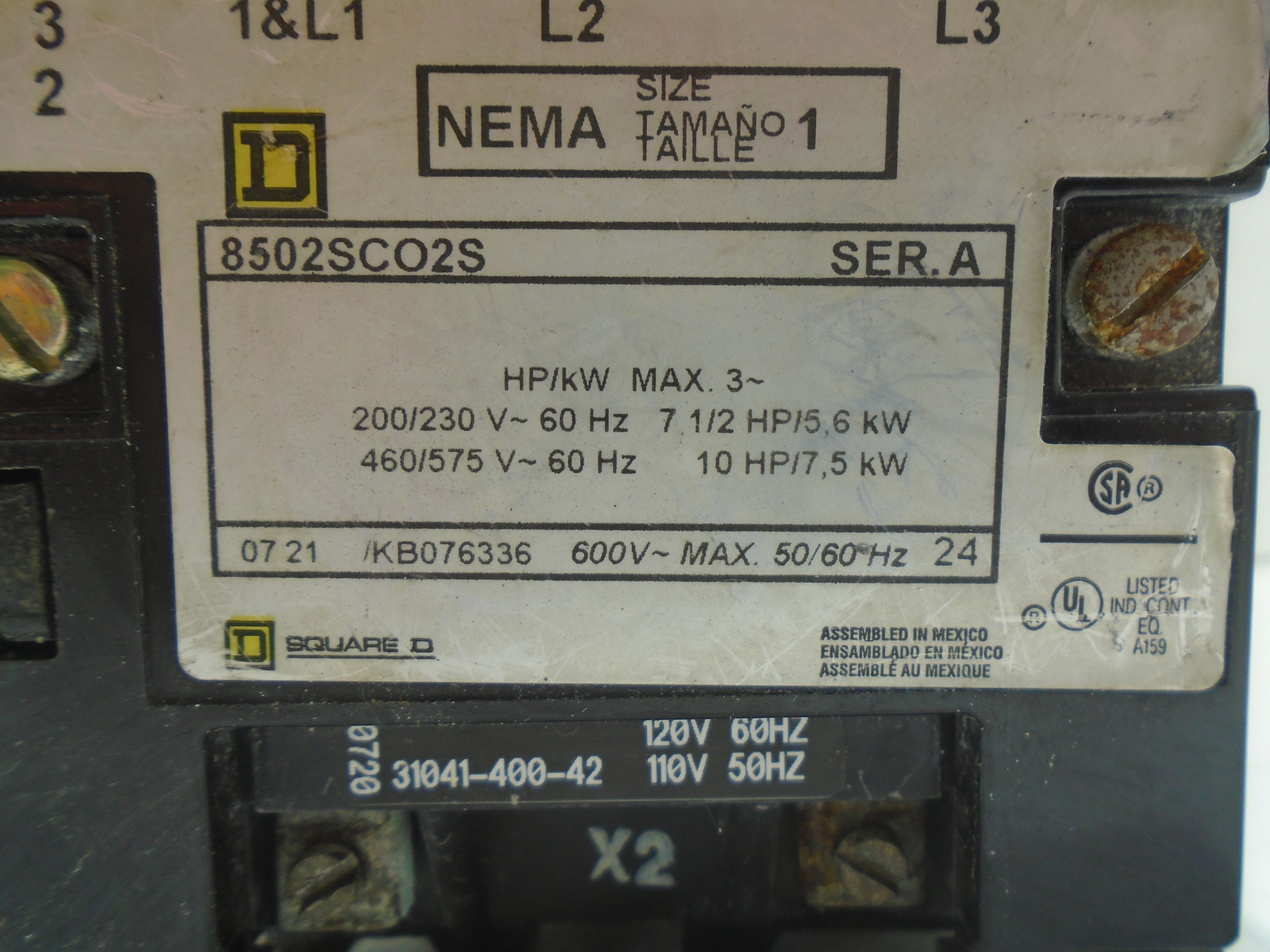 SQUARE D 8502SCO2S SERIES A CONTACTOR SIZE 1 600V 3-POLE
