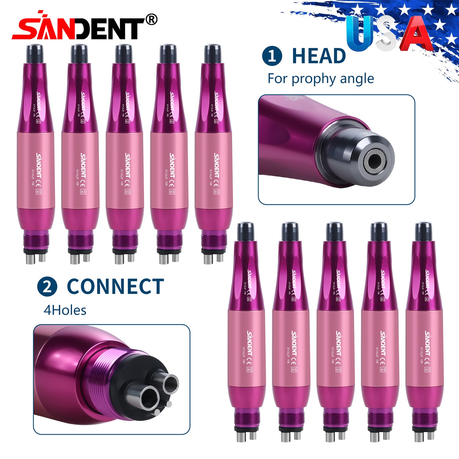 1-10 Dental Hygiene Prophy Handpiece Air Motor 4Holes 4:1 Nose Cone 360°Swivel