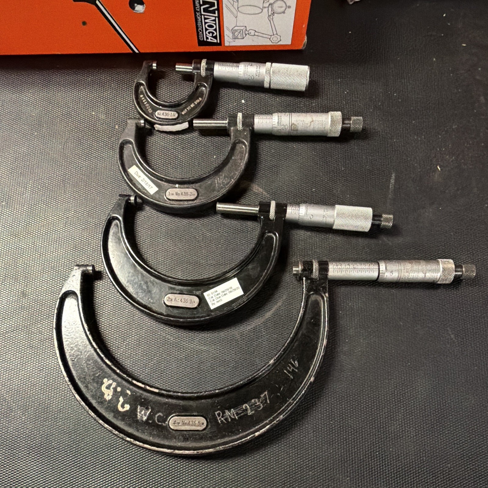 Starrett 436, 4 piece mic set, 0-1”/1-2”/2-3”/4-5”