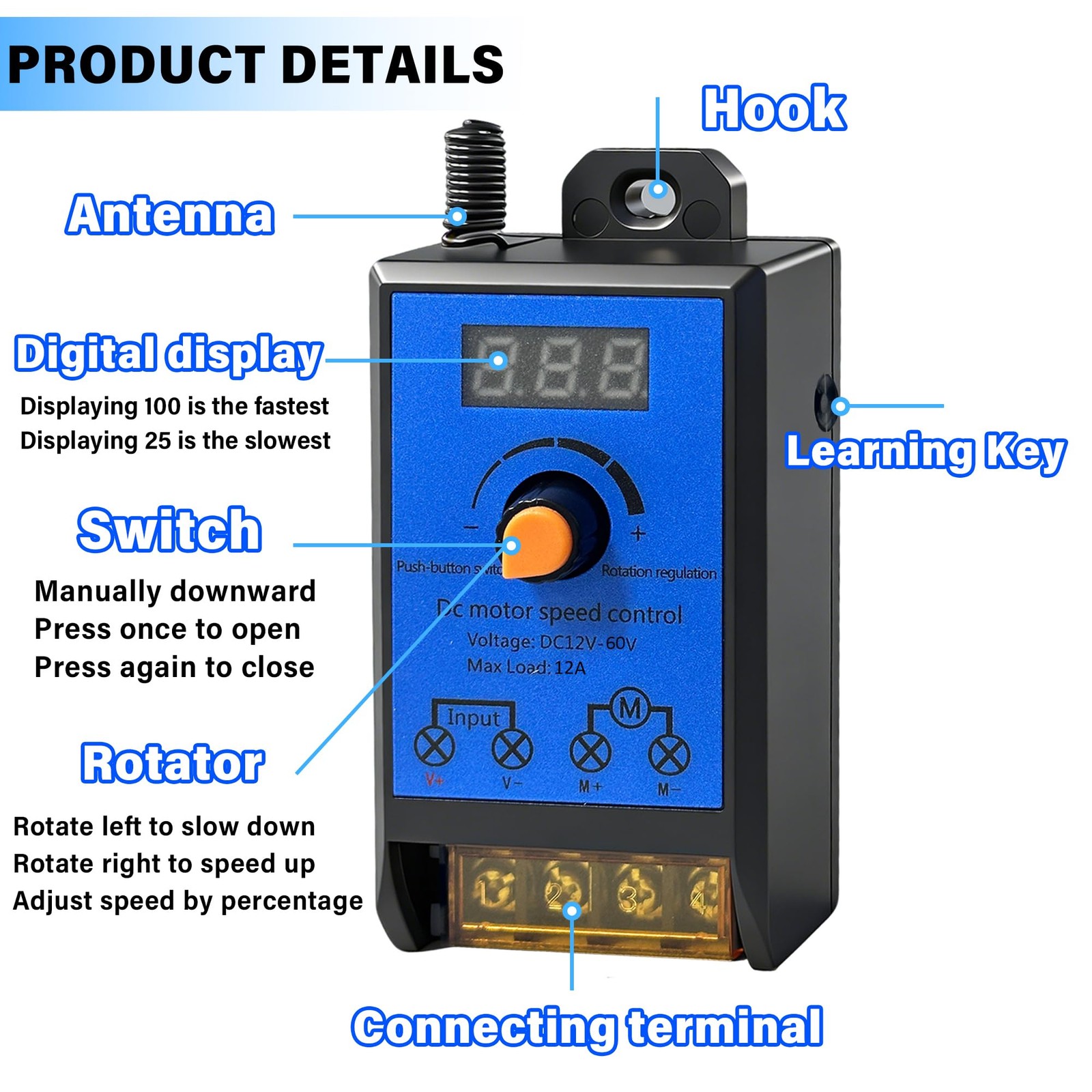 DC 12V60V 12A Motor Speed Controller with 2 Wireless Remotes,PWM Variable Spe…