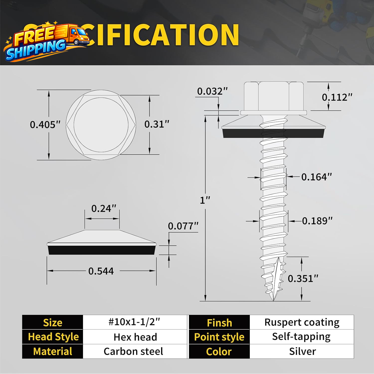 Metal Roofing Screws #10 X 1-1/2 300 PCS RUSPERT Hex Head Rubber Washer Sheet