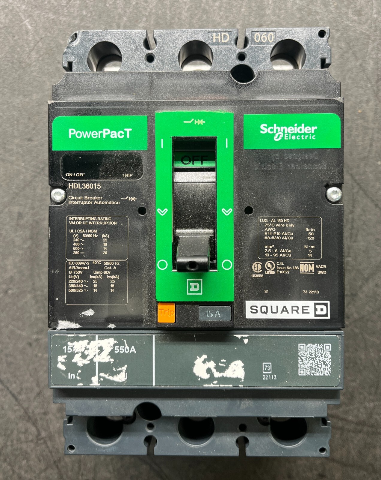 Square D HDL36015 POWERPACT Circuit Breaker 15 AMP