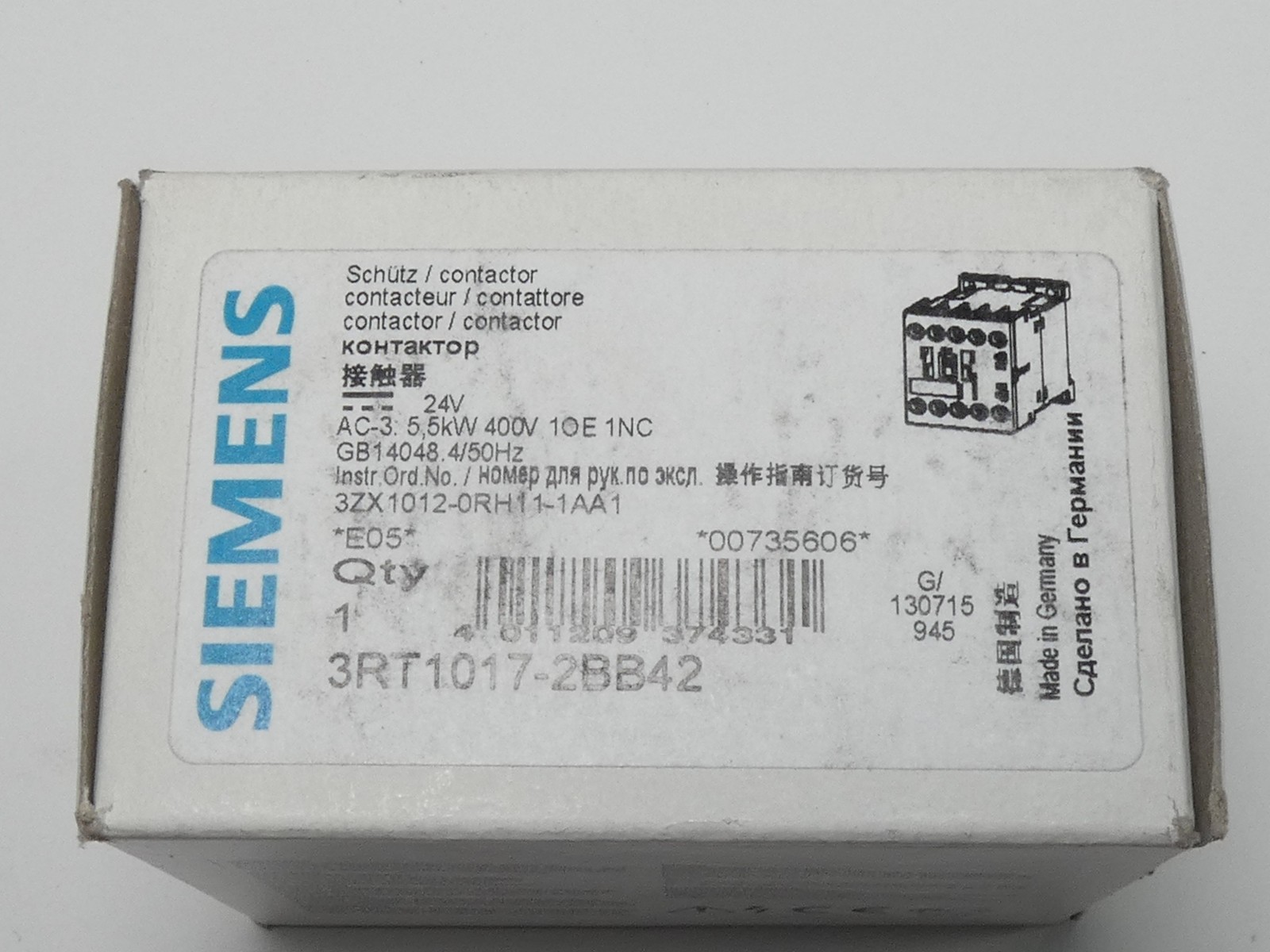 Siemens 3RT1017-2BB42 Contactor AC-3 5.5kW 400V 24VDC – NEW Surplus!