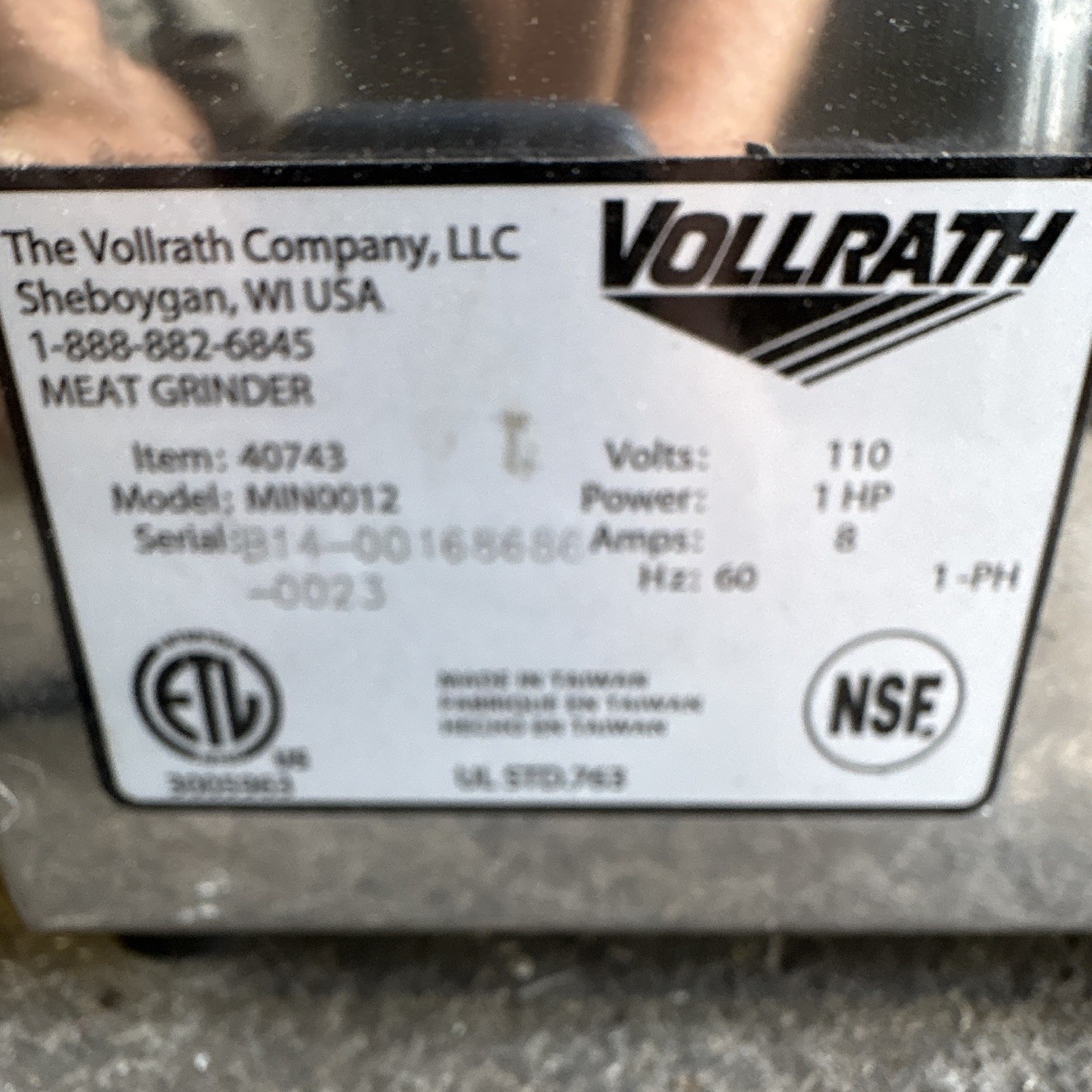 Vollrath MIN0012 Electric Meat Grinder 110V Hub Size 12 MPN 40743