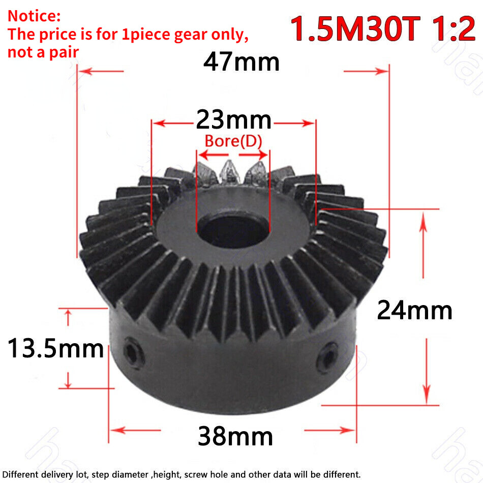 Mod 1/1.5/2 90° Pairing Bevel Gear 1:1/1:2 15T-30T Bore 5/6/6.35/8/10/12/14-25mm