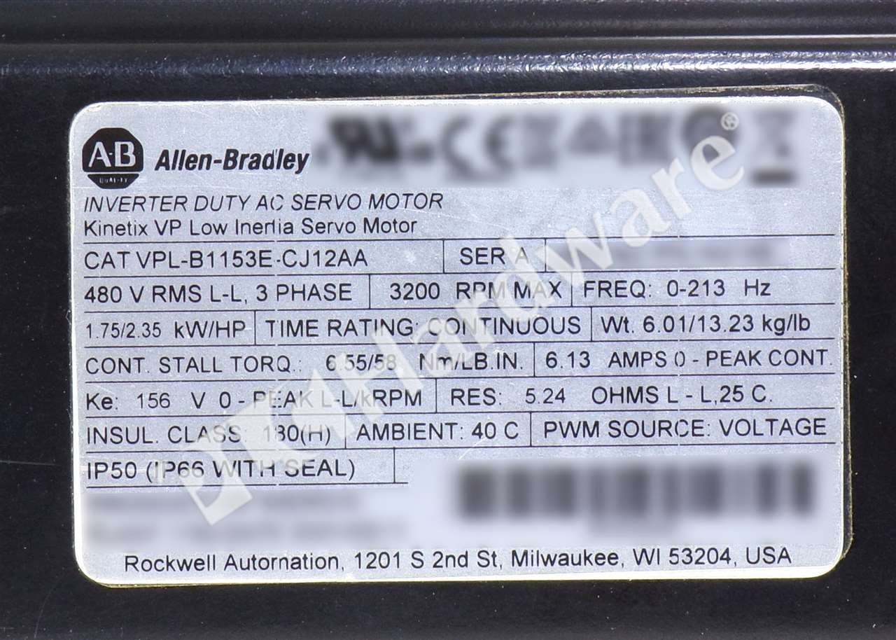 Allen Bradley VPL-B1153E-CJ12AA /A 480V 4500RPM 18-Bit Encoder Low Inertia Motor