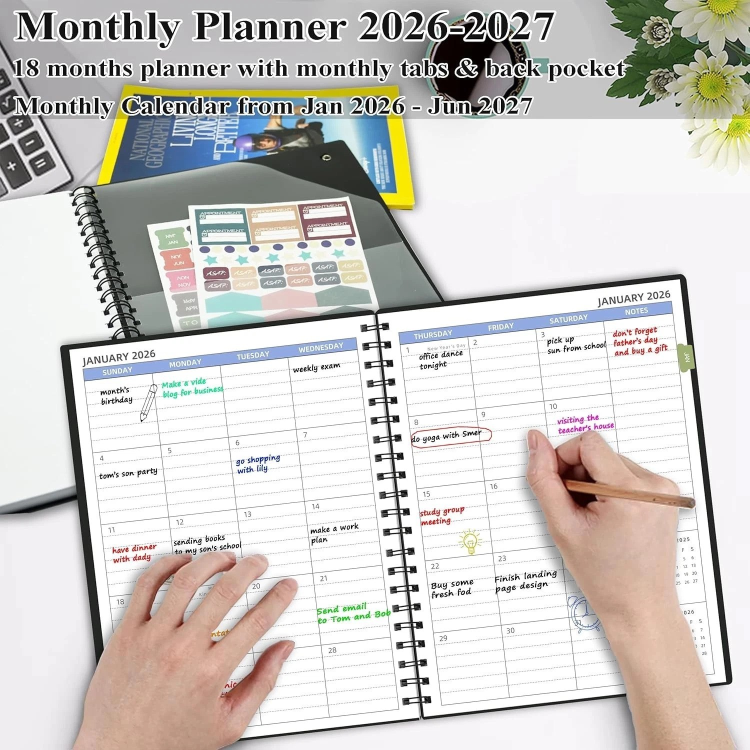 2026 2027 Monthly Planner 7.4 Inch x 9.6 Inch Black Spiral Bound Organizer