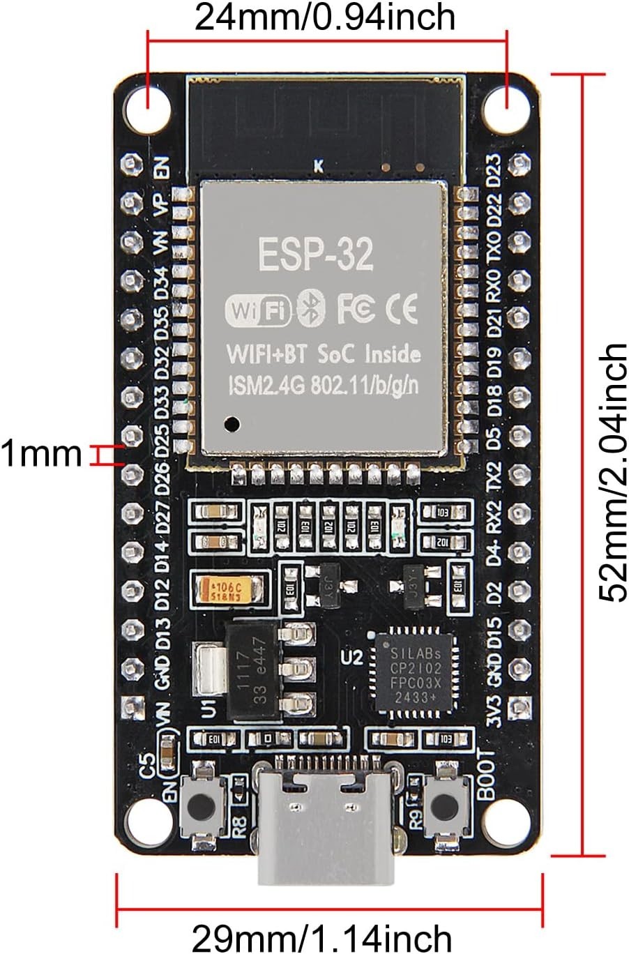 ESP32 ESP-WROOM-32 Wifi and Bluetooth Development Board, 38-Pin, with USB Type-C