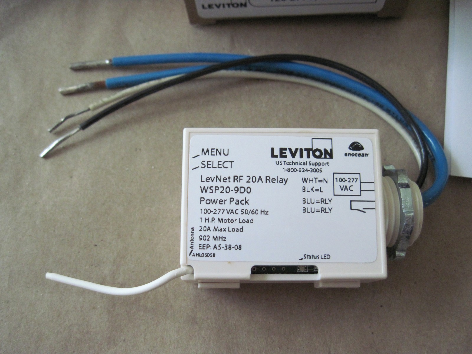 Leviton WSP20-9D0 LevNet RF Wireless Relay 20A Power Pack, 902 MHz, 100-277VAC