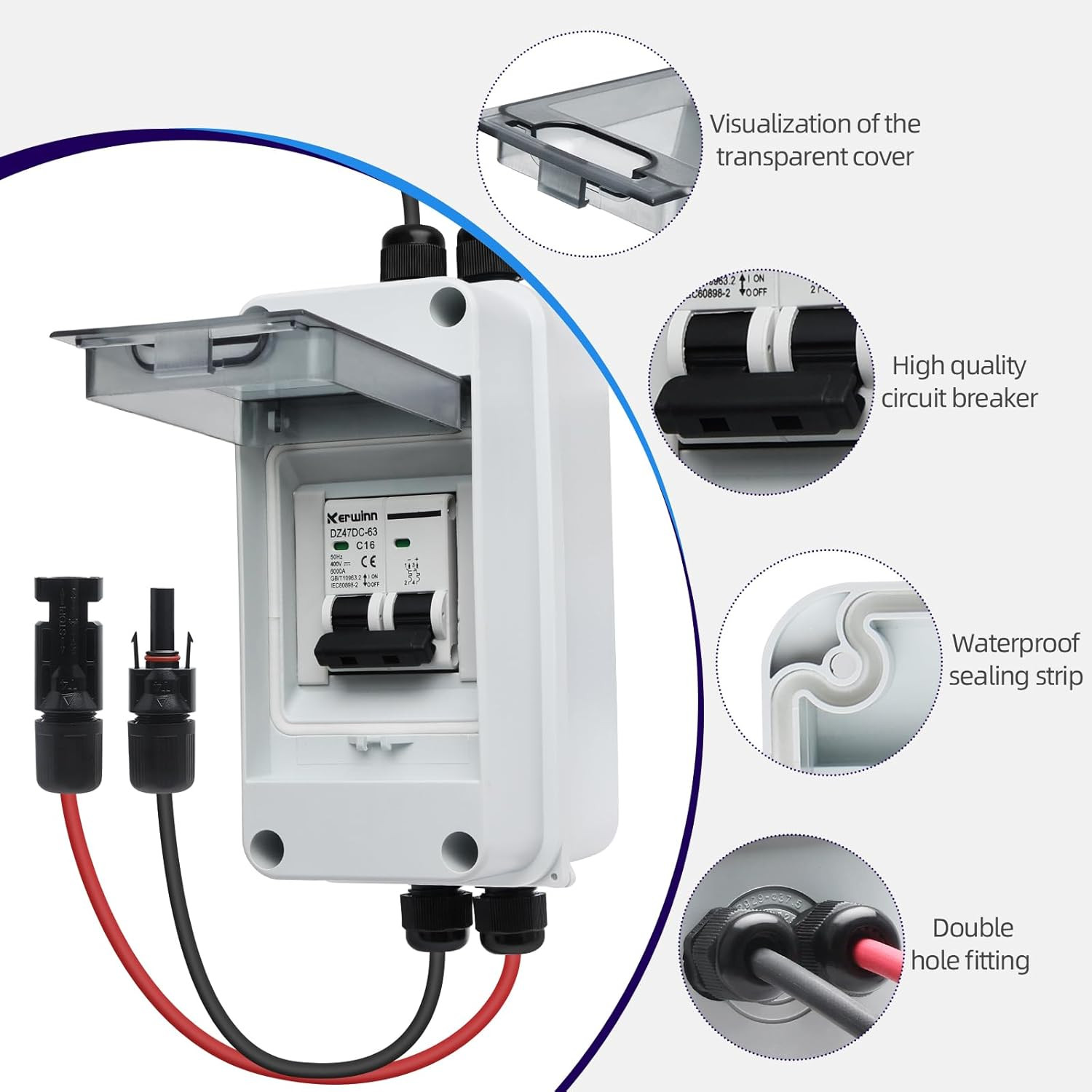Solar Panel Disconnect Switch,16A 400V Miniature Circuit Breaker Box IP65 Waterp