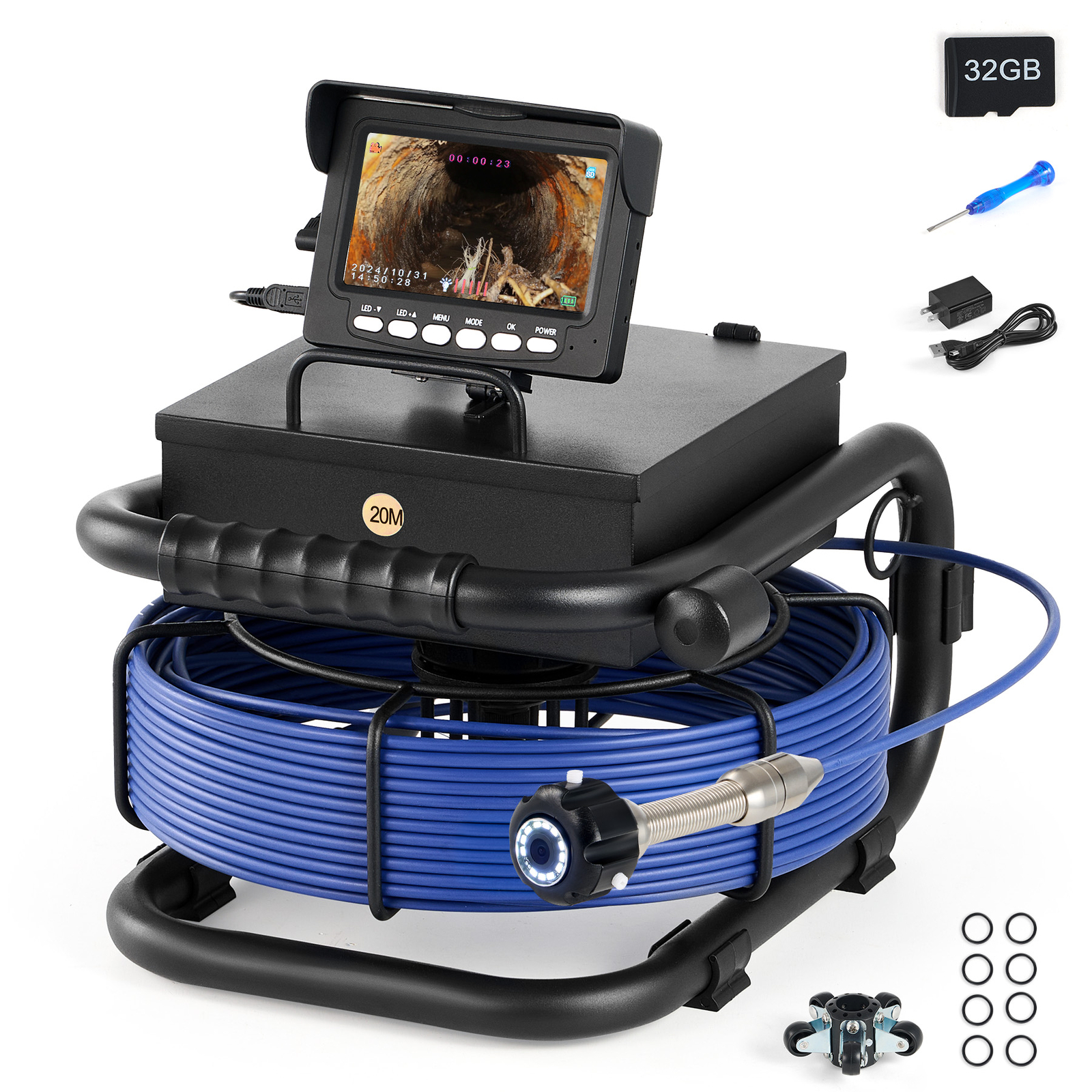 4.3 in. Sewer Inspection Camera with 66ft/20m Cable 12 LED Lights Length Marker