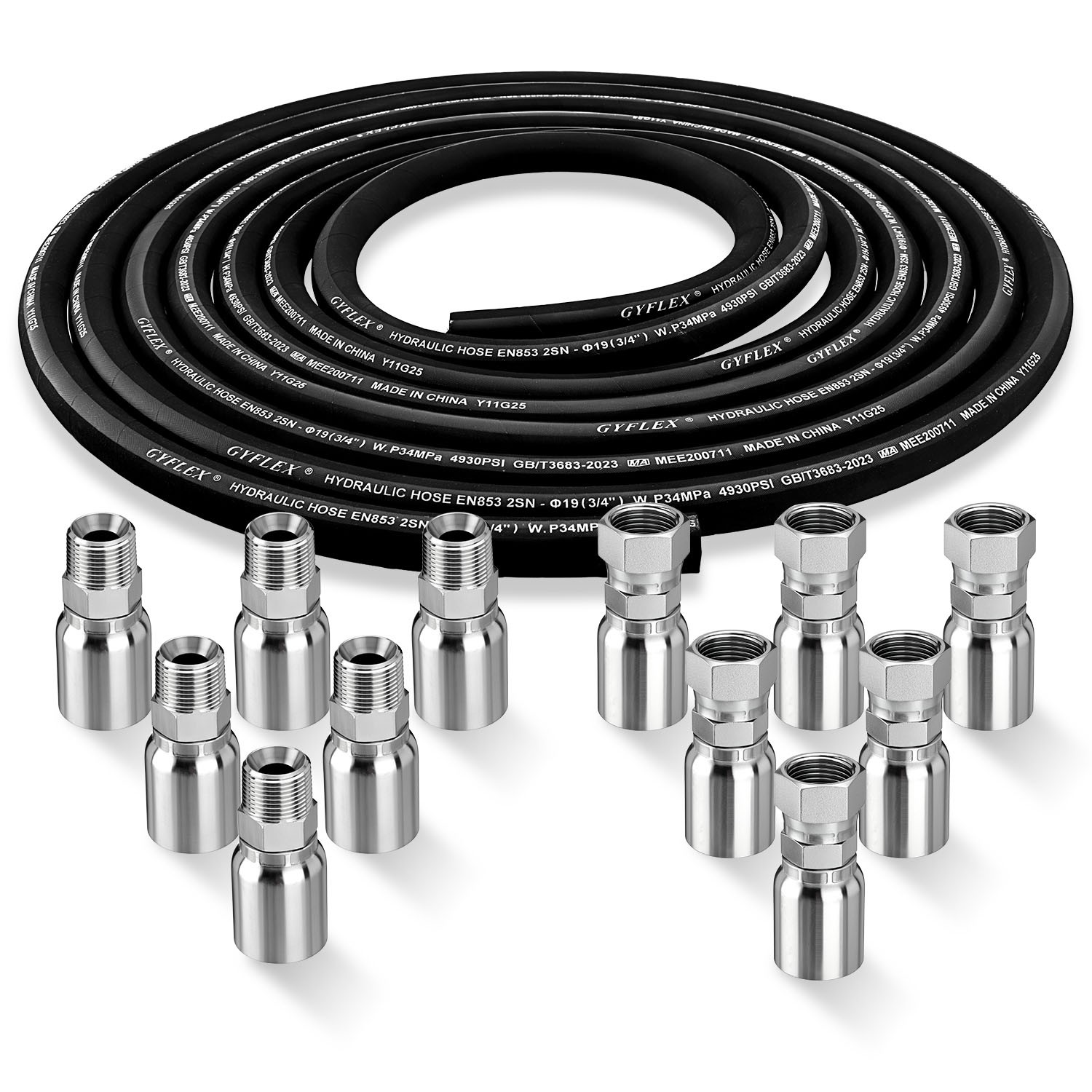 50FT 3/4″ Hydraulic Hose with 12PCS Hydraulic Hose Fittings W.P.34MPa / 4930PSI