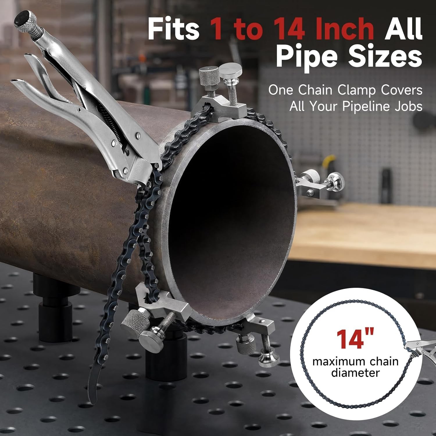 Adjustable Pipe Alignment Chain Pliers Clamp, Fit for Round Pipes up to 14″ in