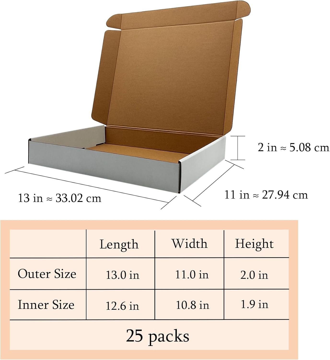 13x11x2 Inches Shipping Boxes Set of 25,White inches, White