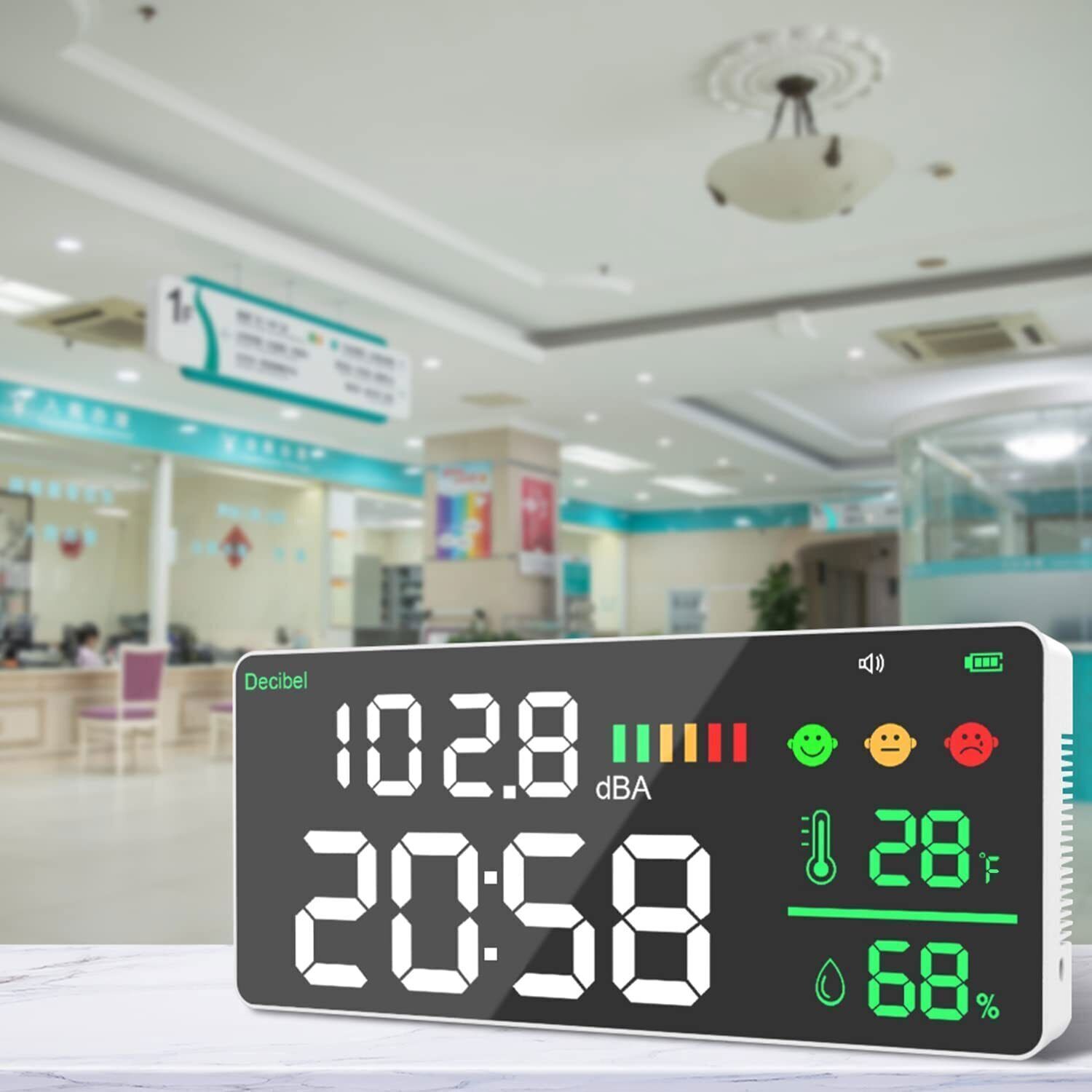 5-in-1 Decibel Meter 30-130dB Range Wall Mount Sound Level Meter 11″ Large LED