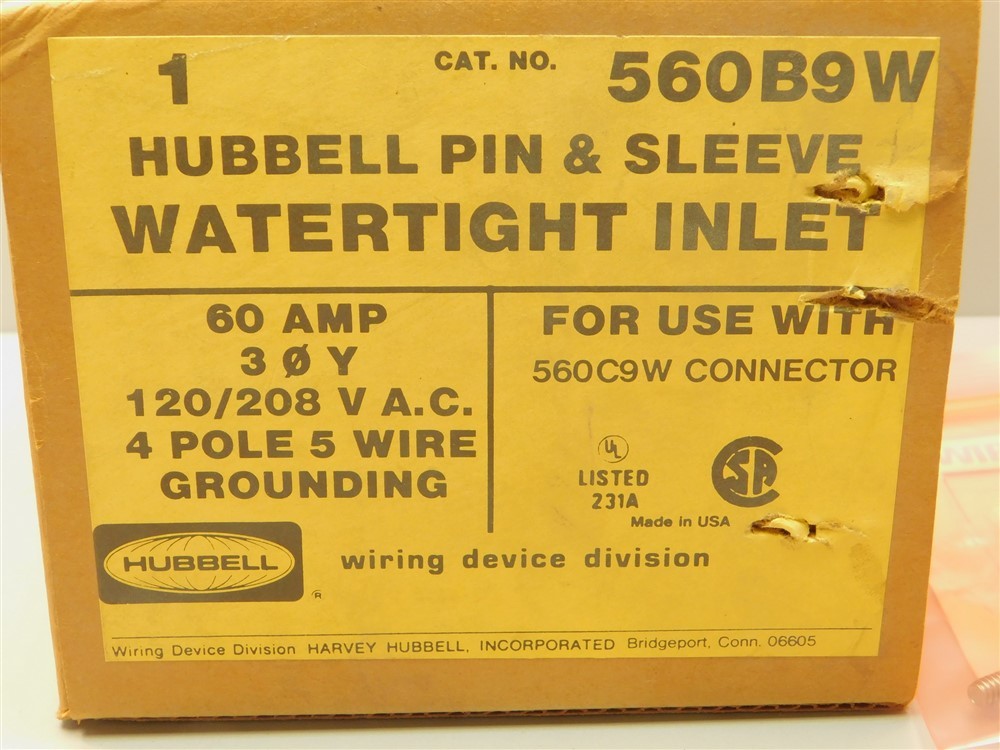 Hubbell HBL560B9W IEC Pin&Sleeve 60A 3Ph 120/208V 4-Pole 5-Wire Watertight Inlet