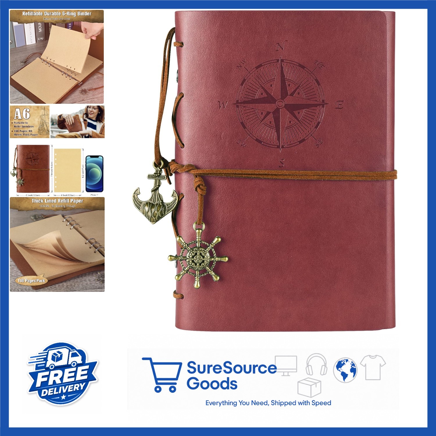 Travelers Journal Red Faux Leather Refillable Notebook for Writing & Planning