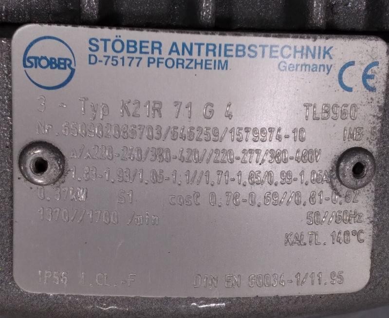 Stober K21R-71-G-4 Gearmotor, 0.37kW, Reducer Ratio 56.36:1