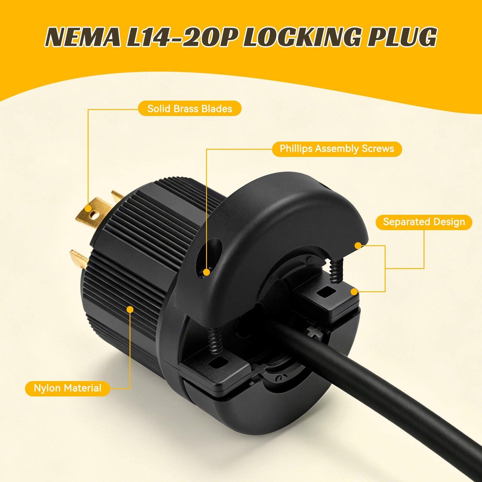 L14-20P Locking Plug 20A 125/250V Heavy Duty Nylon Generator Connector