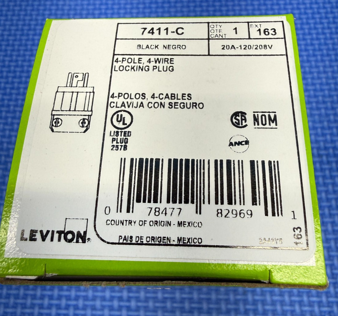 Genuine Leviton 7411-C Industrial 4-Pole 4-Wire 20Amp 120/208V Locking Plug