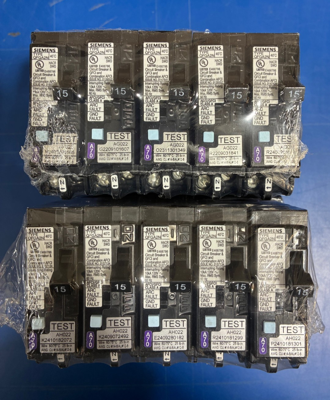 10 PCS Q115DFN Siemens 15A 120V AFCI/GFCI Dual Function Plug-In Circuit Breakers