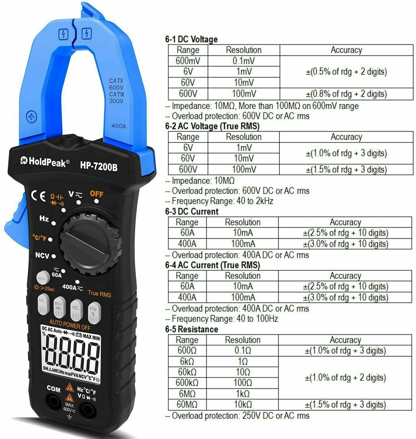 HoldPeak True RMS Digital Auto-Ranging 6000 Counts Clamp Meter 60A 400V AC DC US