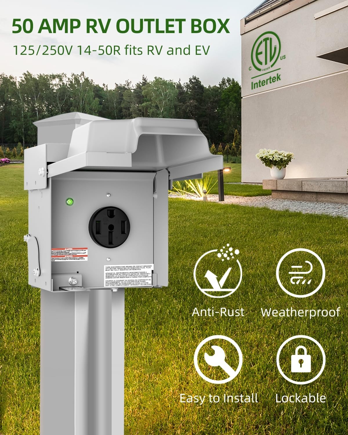 50 Amp RV Power Outlet Box, 125/250V Enclosed Lockable NEMA 14-50R Box, Weath…