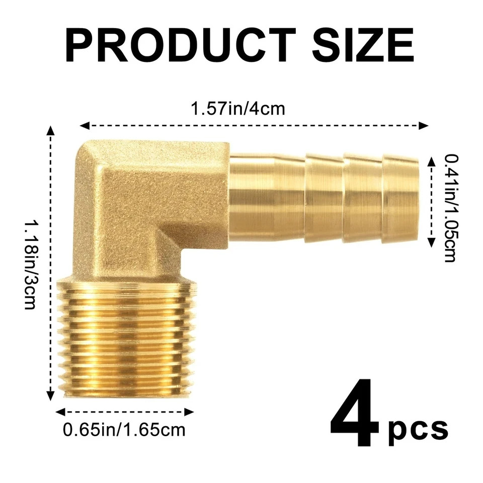4Pcs 3/8″ Brass Hose Barb x 3/8″ NPT Male, 90 Degree Elbow for Water Fuel Air