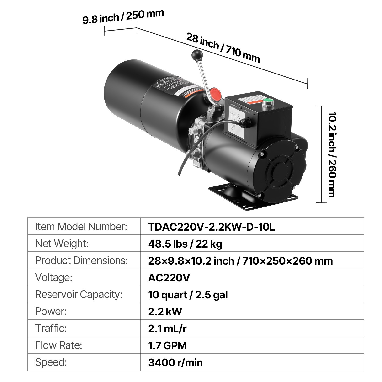 Uimoso Hydraulic Power Unit AC 220V 10 Quart Single Acting System