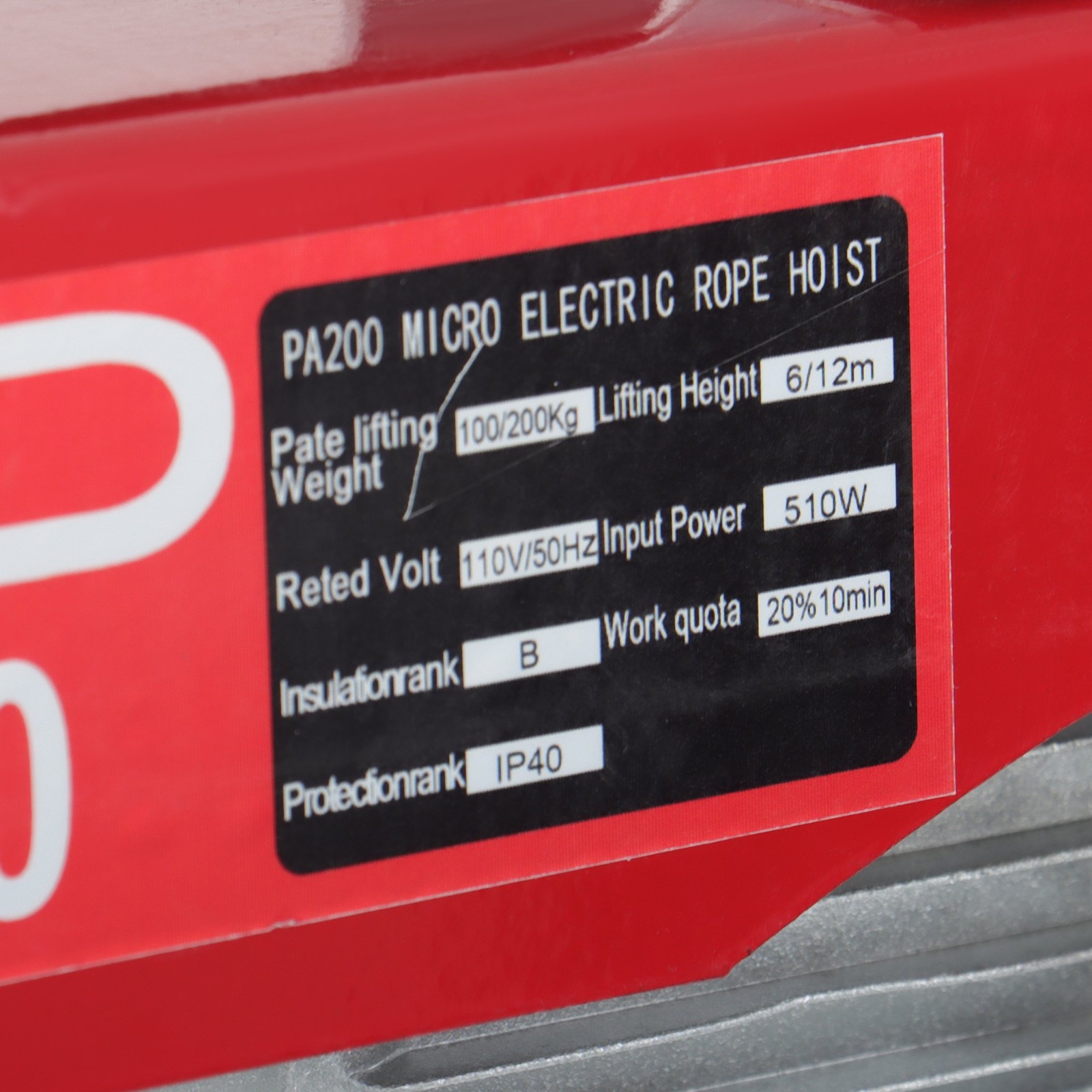 PA200 440lbs/200kg Electric Hoist 110V 510W Electric Winch Height 20-40ft