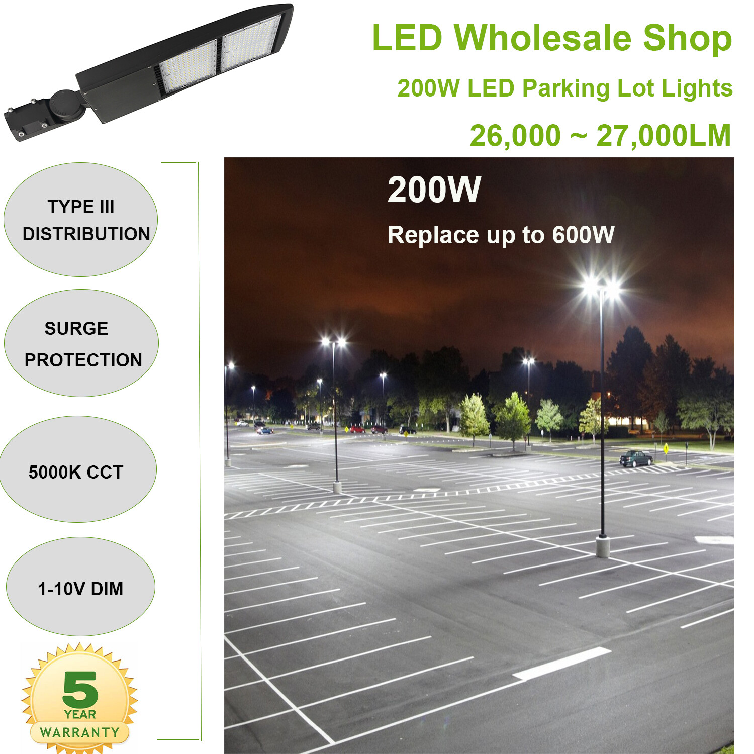 200W LED Shoebox Parking Lot Pole Area Lights Replace 600W MH/HPS 5000K 27000LM