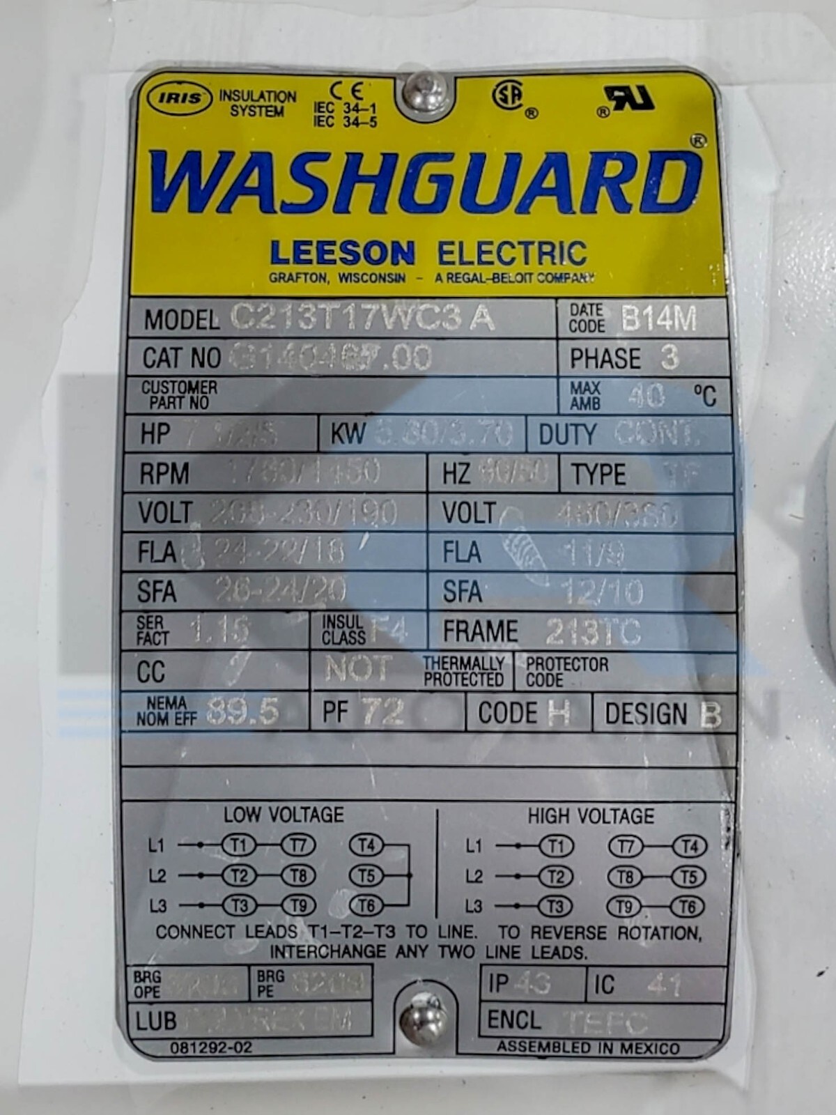 NEW Leeson G140467.00 Washguard Washdown Duty Motor 7-1/2/5HP 1760/1450RPM 3Ph