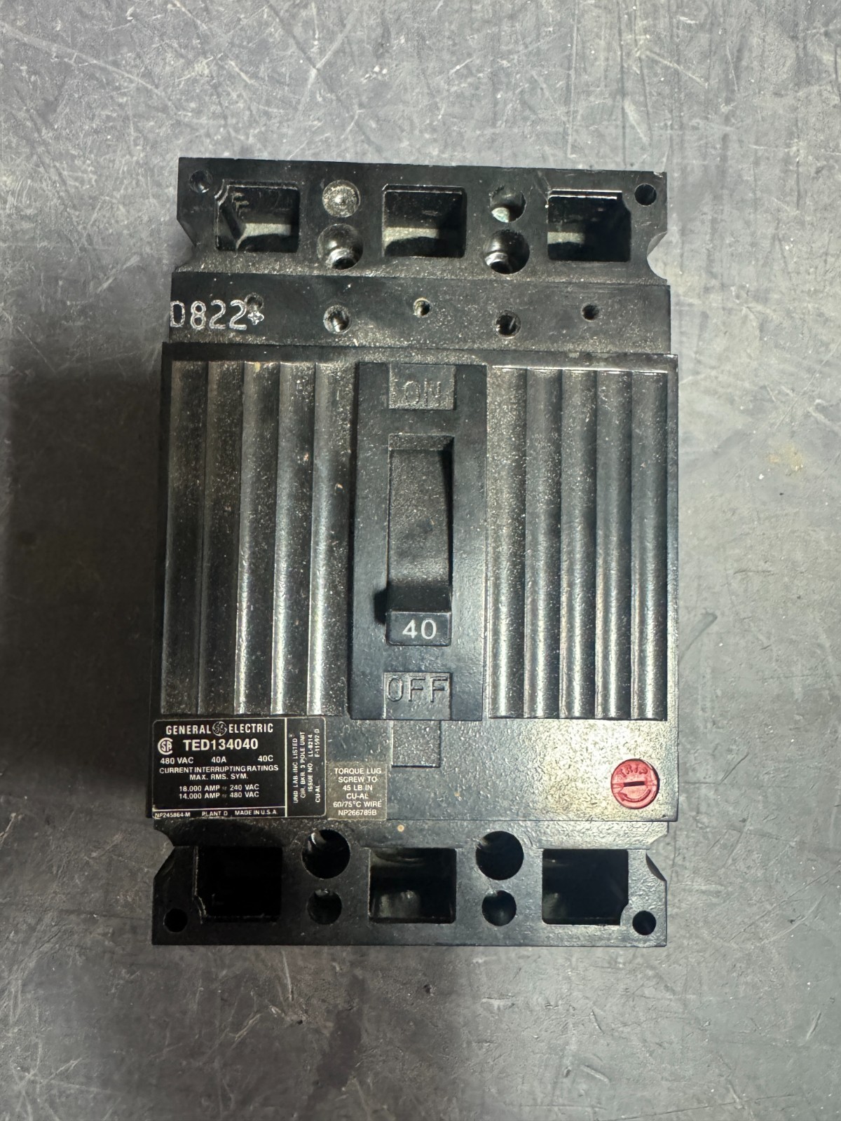 GE TED134040 40A 3-Pole 480V Molded Case Circuit Breaker