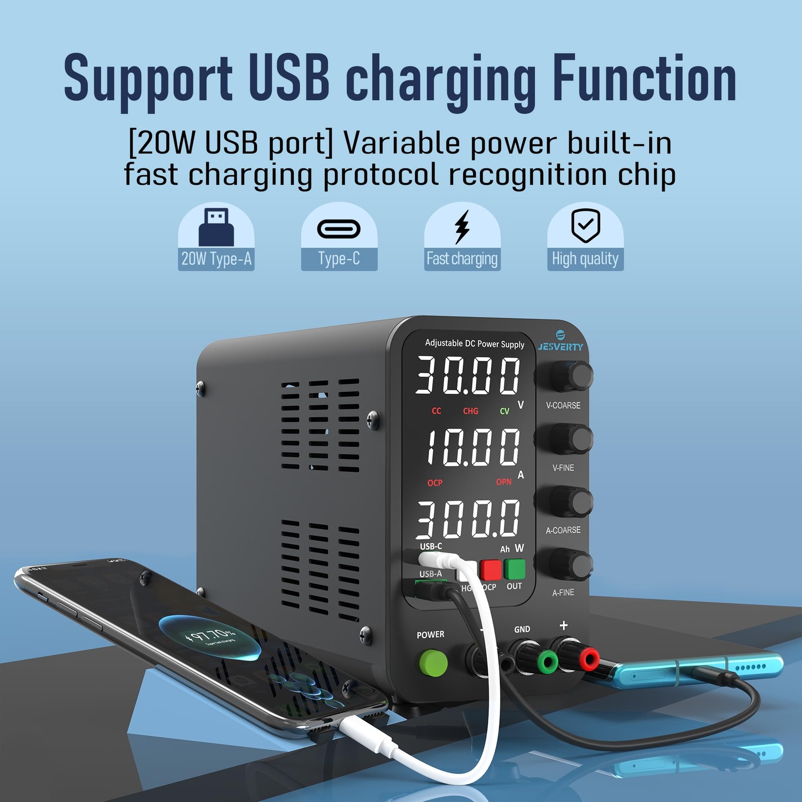 Jesverty DC Power Supply Variable, 0-32V 0-10A Switching Bench Power Supply w…