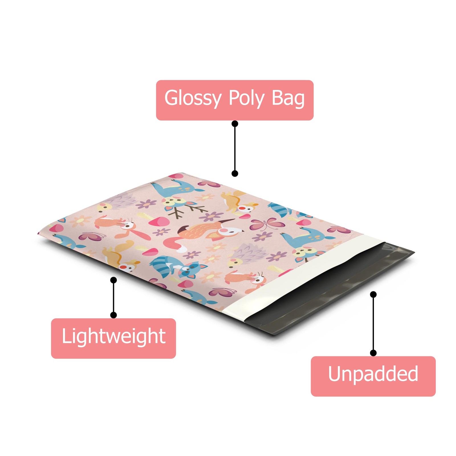 100 Pack Woodland Critters Designer Poly Mailers Shipping Envelopes 10×13 In