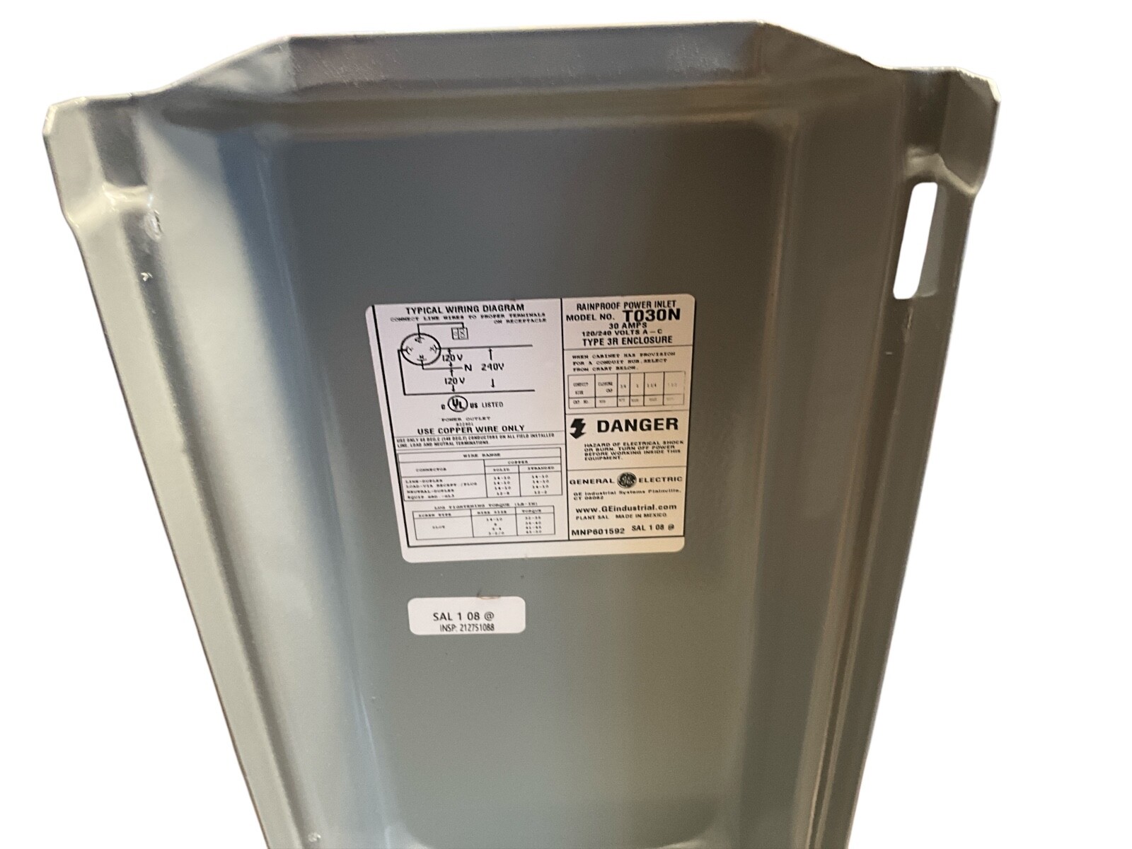GE T030N Outdoor Wall Mount Electric Box 30A Temporary Power Inlet Plug Generato
