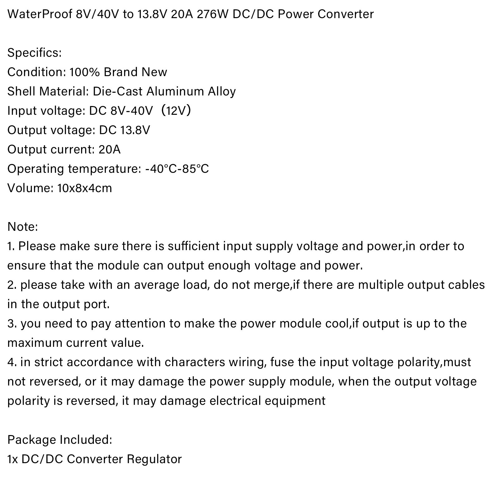 WaterProof 8V/40V to 13.8V 20A 276W Step Up DC/DC Power Converter Regulator UE