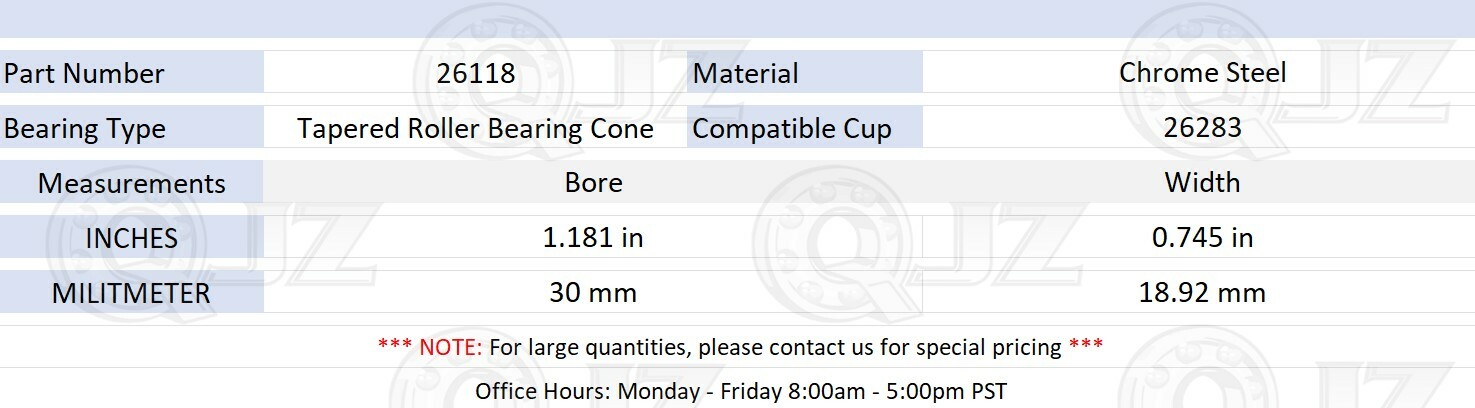 [2-Pack] 26118 Tapered Roller Bearing Inner Cone 1.181″ (Bore) x 0.745″ (Width)