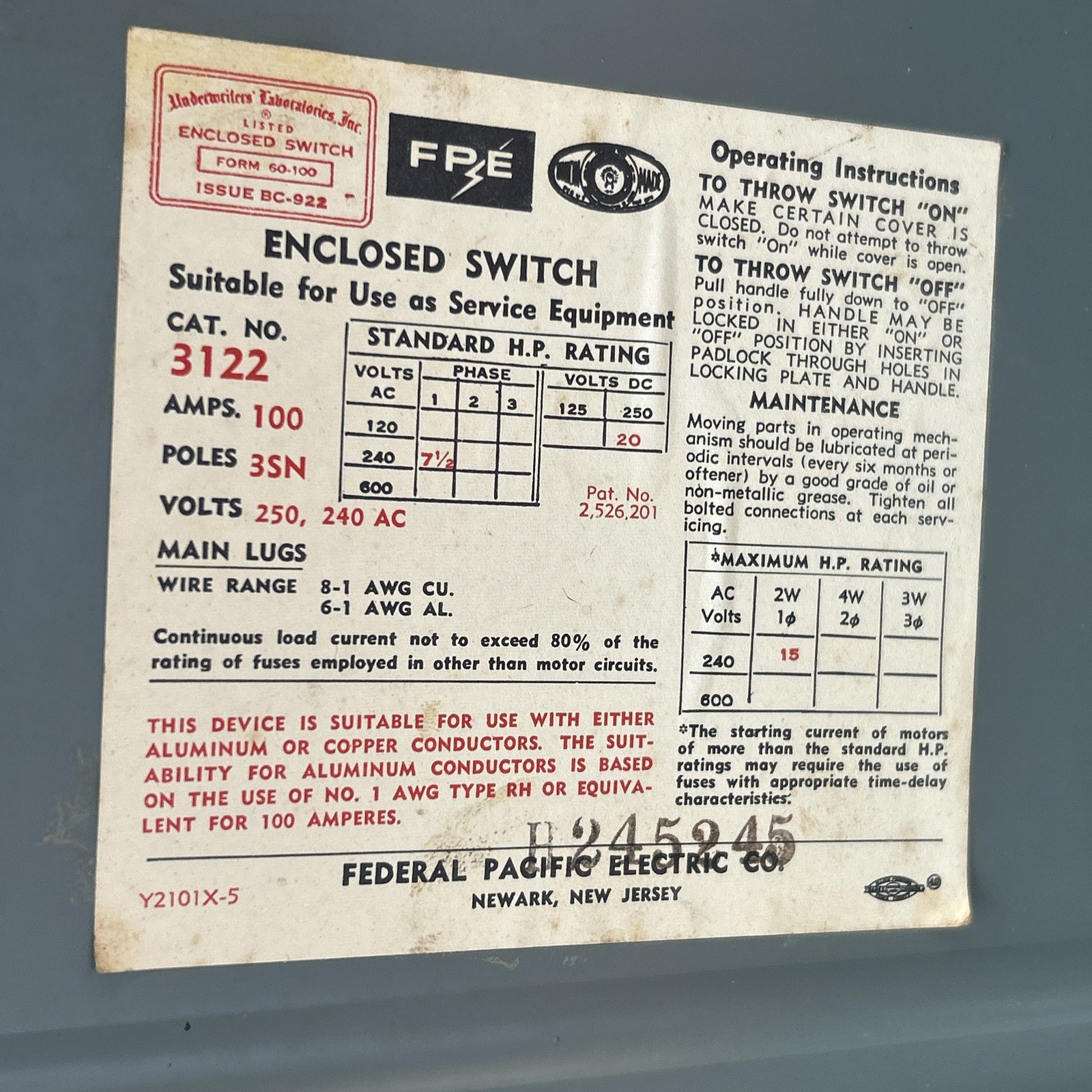 Vintage Federal Pacific Electric Enclosed Safety Switch Box Original Box Papers
