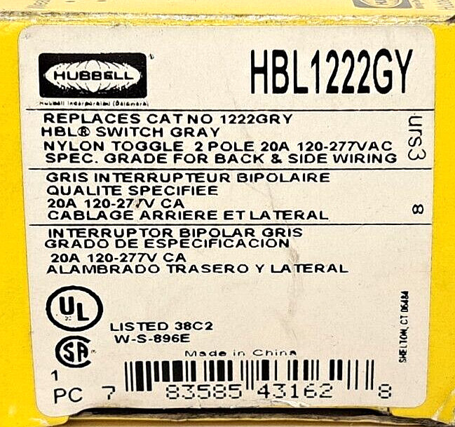 HUBBELL TOGGLE SWITCH 20A 120/277V BACK AND SIDE WIRED HBL1222GY