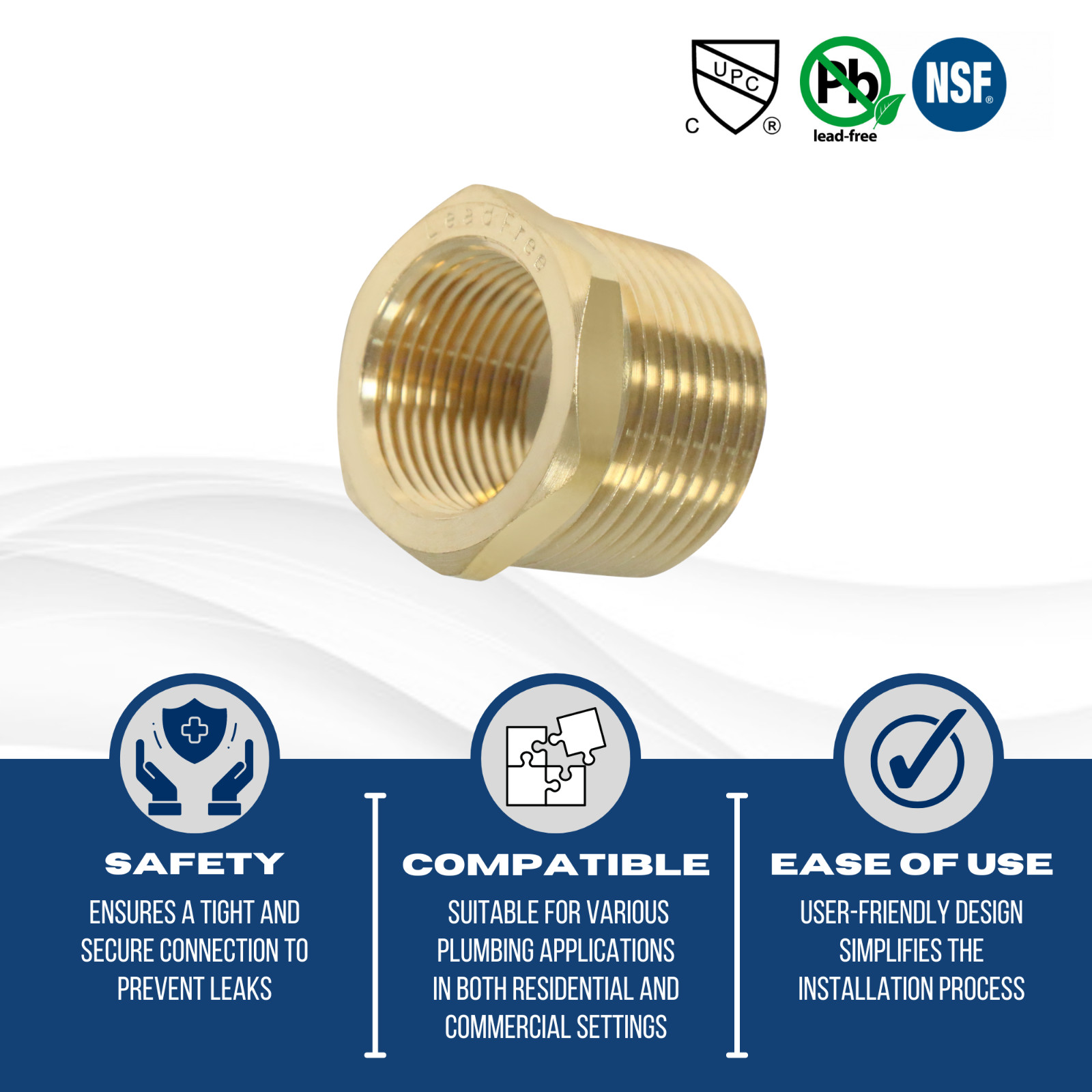 1) 1″ MALE X 3/4″ FEMALE NPT PIPE THREAD HEX REDUCER BUSHING – LEAD FREE BRASS