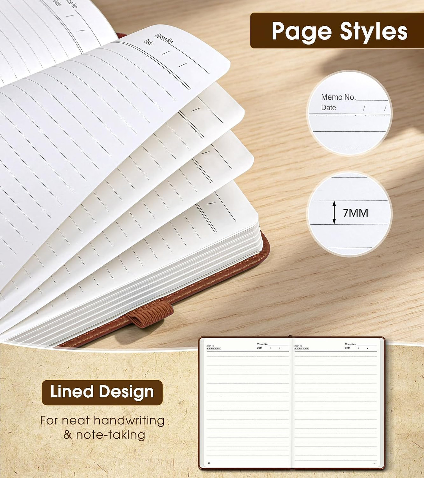 Lined Journal Notebook, A5 Hardcover Leather, 160 Pages, Brown, For Writing and